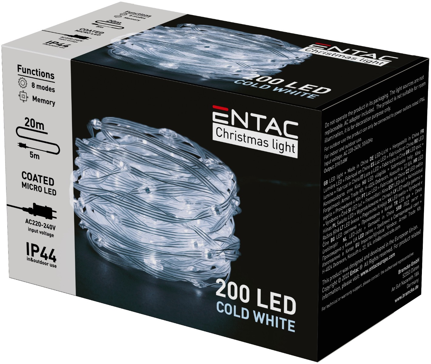 Entac Χριστουγεννιάτικα IP44 200 Επικαλυμμένες PVC Ψείρες LED Ψυχρό 20m