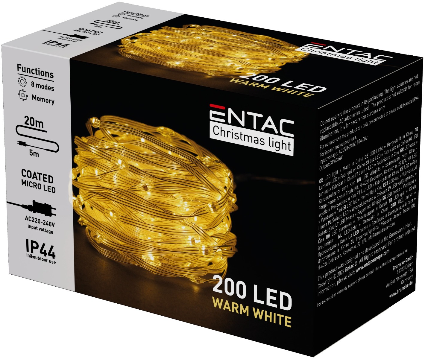 Entac Χριστουγεννιάτικα IP44 200 Επικαλυμμένες PVC Ψείρες LED Θερμό 20m