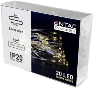 Entac Χριστουγεννιάτικα Εσωτερικά Ασημί Καλώδιο 20 LED Θερμό 1m (2xAA Δεν περιλαμβ.)