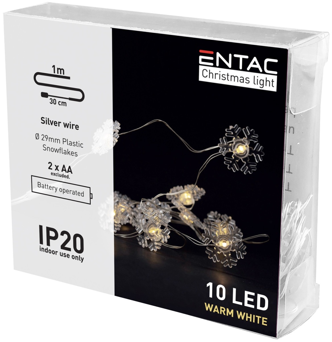 Entac Χριστουγεννιάτικα Εσωτερικά Πλαστικές Νιφάδες 10 LED Θερμό 1μ (2xAA Δεν περιλαμβ.)