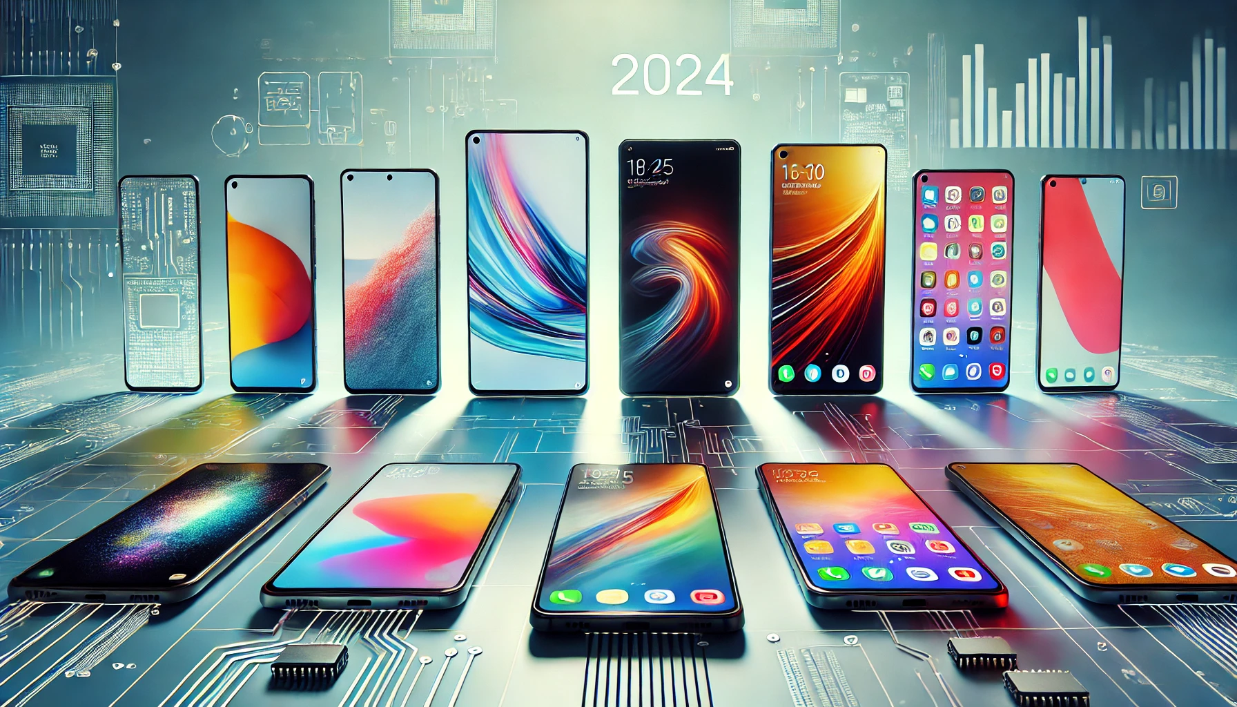 DALL·E 2024 09 12 08.13.39 A modern tech themed image showcasing popular smartphone models for 2024. The image features sleek futuristic smartphones from brands like Apple Sam