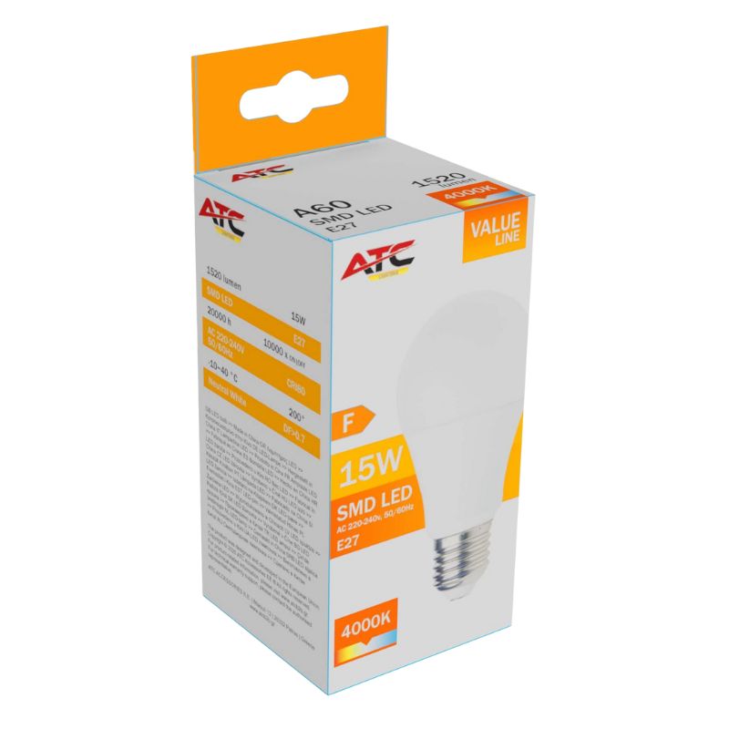 ATC SMD LED Λαμπτήρας A60 230V 15W/1520LM E27 4000K 1 ATC SMD LED Λαμπτήρας A60 230V 15W/1520LM E27 4000K