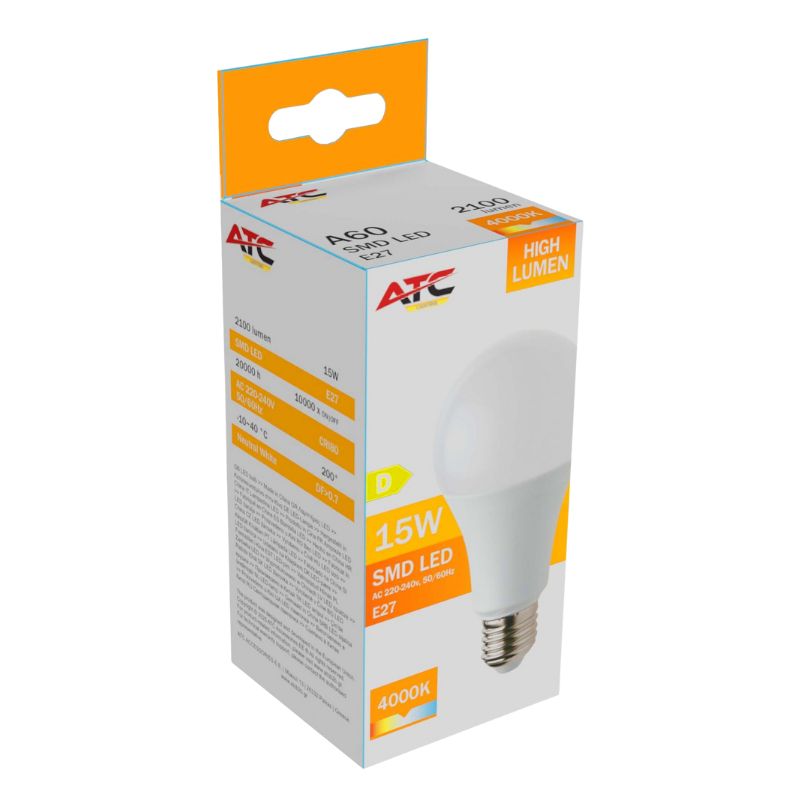 ATC SMD LED High Lumen Λαμπτήρας A60 230V 15W/2100LM E27 4000K 1 ATC SMD LED High Lumen Λαμπτήρας A60 230V 15W/2100LM E27 4000K