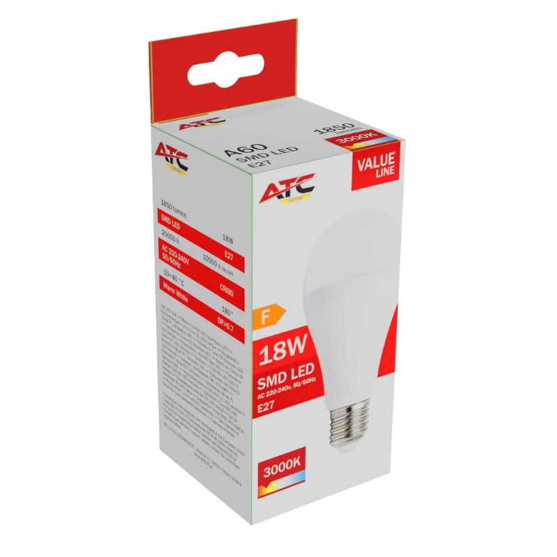 ATC SMD LED Λαμπτήρας A65 230V 18W/1850LM E27 3000K 1 ATC SMD LED Λαμπτήρας A65 230V 18W/1850LM E27 3000K