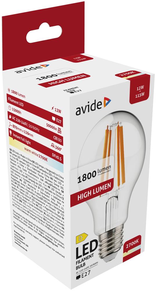Avide LED Filament Κοινή 12W E27 A65 360° Θερμό 2700K Υψηλής Φωτεινότητας 1 Avide LED Filament Κοινή 12W E27 A65 360° Θερμό 2700K Υψηλής Φωτεινότητας