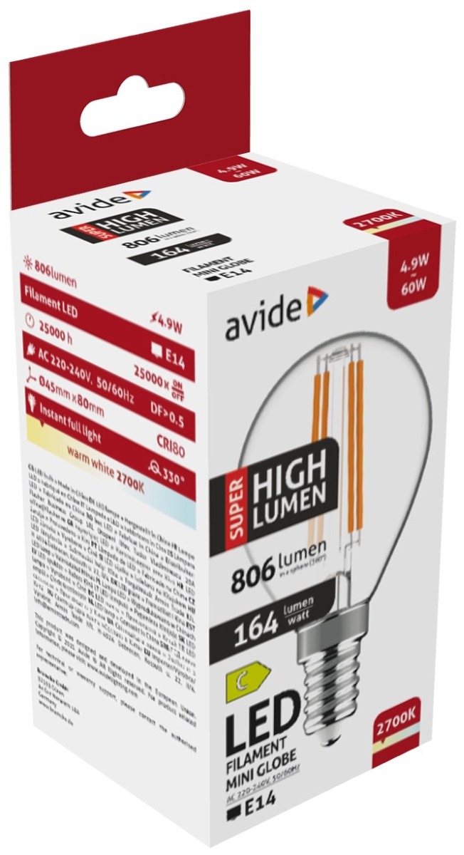 Avide LED Filament Σφαιρική 4.9W E14 Θερμό 2700K Super Υψηλής Φωτεινότητας 1 Avide LED Filament Σφαιρική 4.9W E14 Θερμό 2700K Super Υψηλής Φωτεινότητας