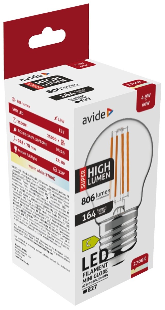 Avide LED Filament Σφαιρική 4.9W E27 Θερμό 2700K Super Υψηλής Φωτεινότητας 1 Avide LED Filament Σφαιρική 4.9W E27 Θερμό 2700K Super Υψηλής Φωτεινότητας