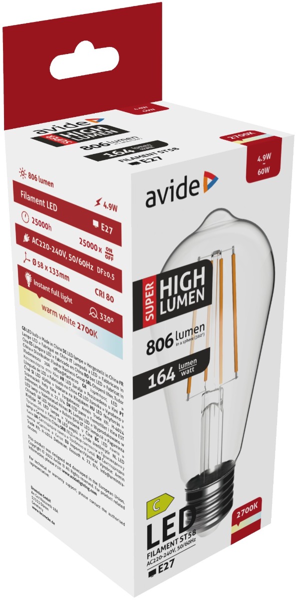 Avide LED Filament ST58 4.9W E27 Θερμό 2700K Super Υψηλής Φωτεινότητας 1 Avide LED Filament ST58 4.9W E27 Θερμό 2700K Super Υψηλής Φωτεινότητας
