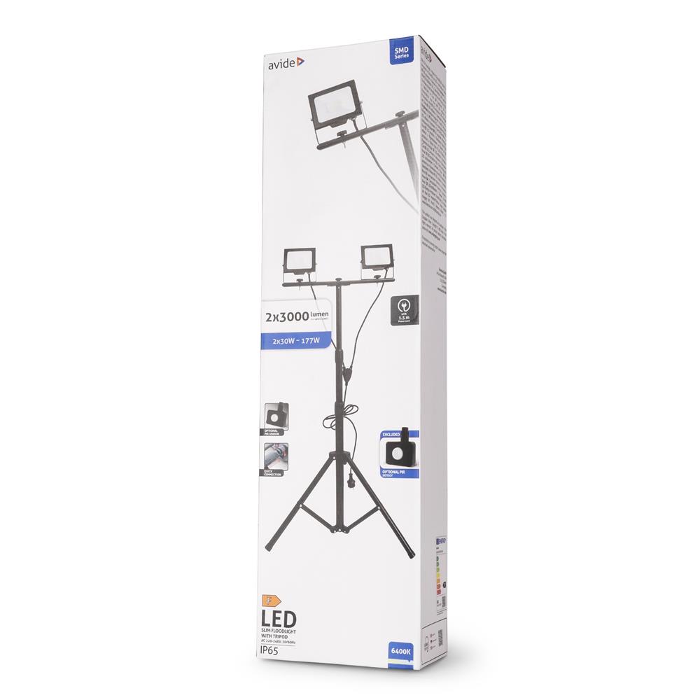 Avide LED Flood Light Slim Αισθητήρας PIR, SMD 2x30W CW 6400K 2 Κεφαλές με Τρίποδο 1 SMD 2x30W CW 6400K 2 Κεφαλές με Τρίποδο