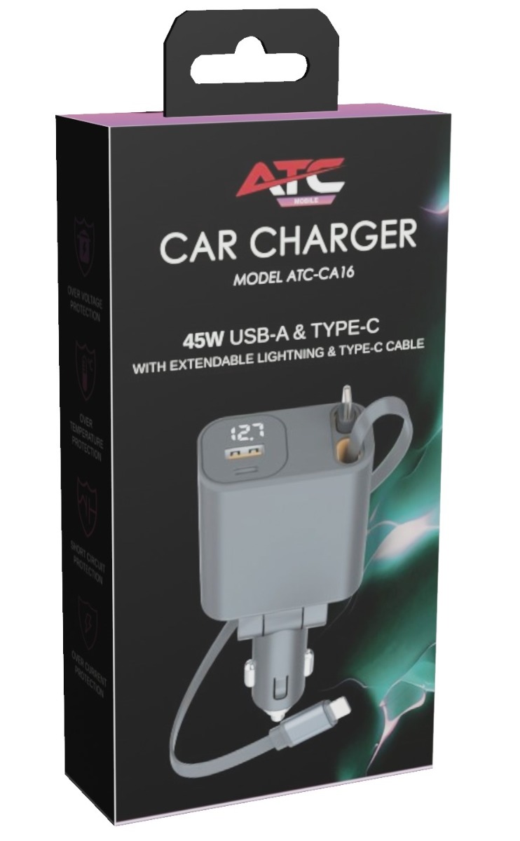 ATC-CA16 Φορτιστής Αυτοκινήτου 45W USB-A & Type-C με Επεκτεινόμενο Καλώδιο Lightning & Type-C 2 ATC-CA16 Φορτιστής Αυτοκινήτου 45W USB-A & Type-C με Επεκτεινόμενο Καλώδιο Lightning & Type-C - Image 2