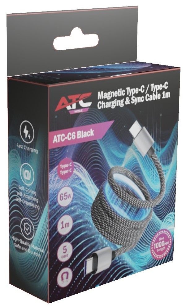 ATC-C6 Μαγνητικό Καλώδιο Φόρτισης & Μεαφοράς Δεδομένων Type-C σε Type-C 65W 1m Μαύρο 2 ATC-C6 Μαγνητικό Καλώδιο Φόρτισης & Μεαφοράς Δεδομένων Type-C σε Type-C 65W 1m Μαύρο - Image 2