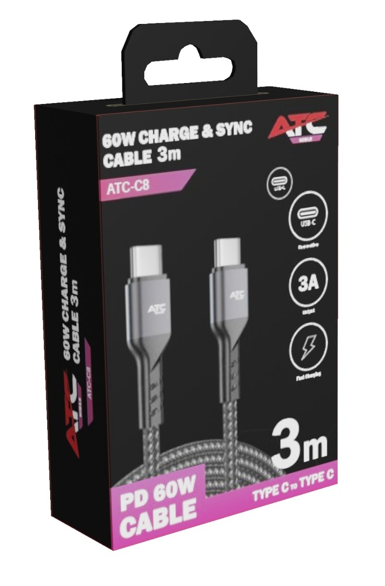 ATC-C8 Καλώδιο Φόρτισης & Συγχρονισμού USB-C σε USB-C 60W 3m 2 ATC-C8 Καλώδιο Φόρτισης & Συγχρονισμού USB-C σε USB-C 60W 3m - Image 2