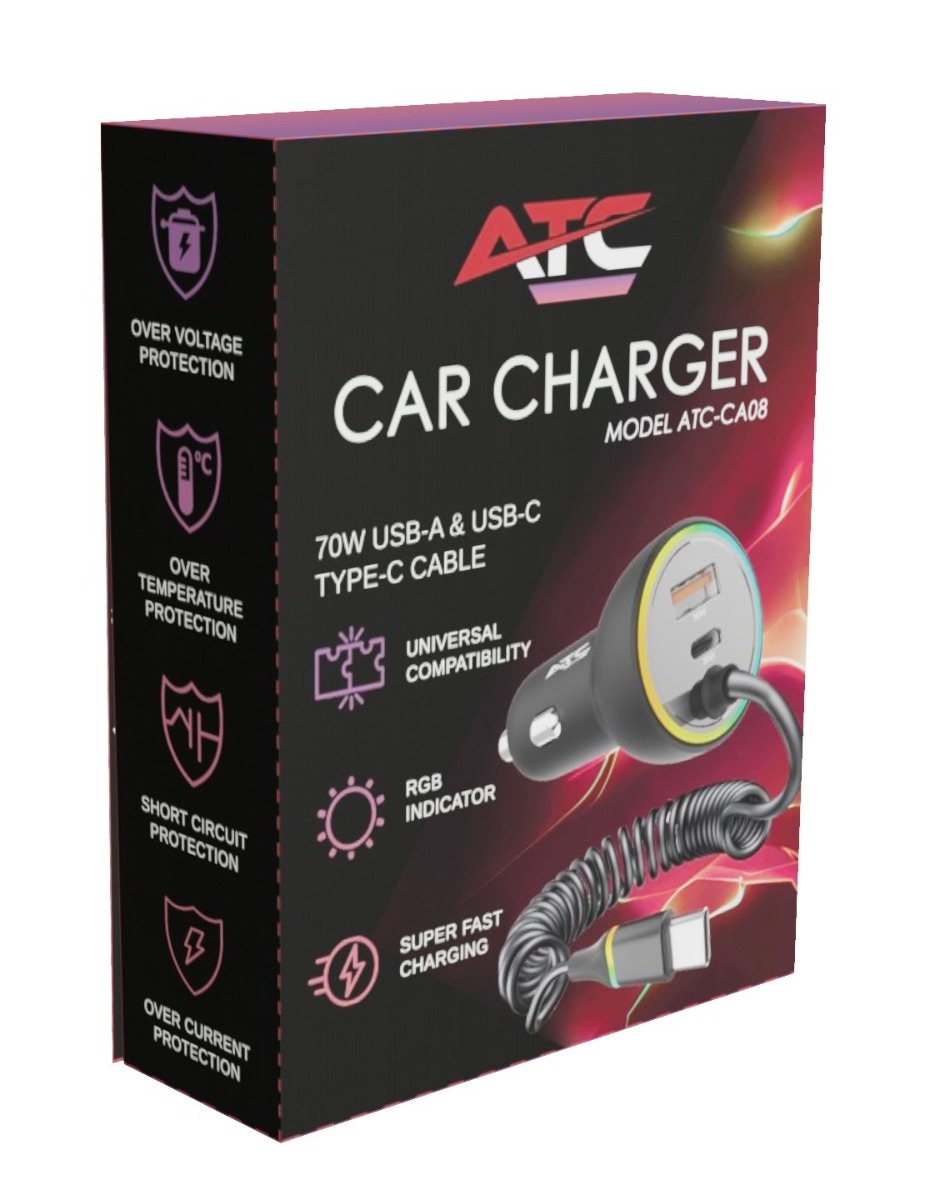 ATC-CA08 Φορτιστής Αυτοκινήτου με 2 Θύρες USB-A & Type-C και Καλώδιο Type-C 70W 2 ATC-CA08 Φορτιστής Αυτοκινήτου με 2 Θύρες USB-A & Type-C και Καλώδιο Type-C 70W - Image 2