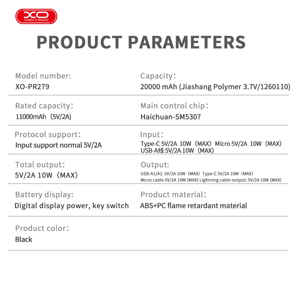 XO PR279 Powerbank με Καλώδια USB-A Type-C Micro & Lightning 20.000mAh 8 XO PR279 Powerbank με Καλώδια USB-A Type-C Micro & Lightning 20.000mAh - Image 8