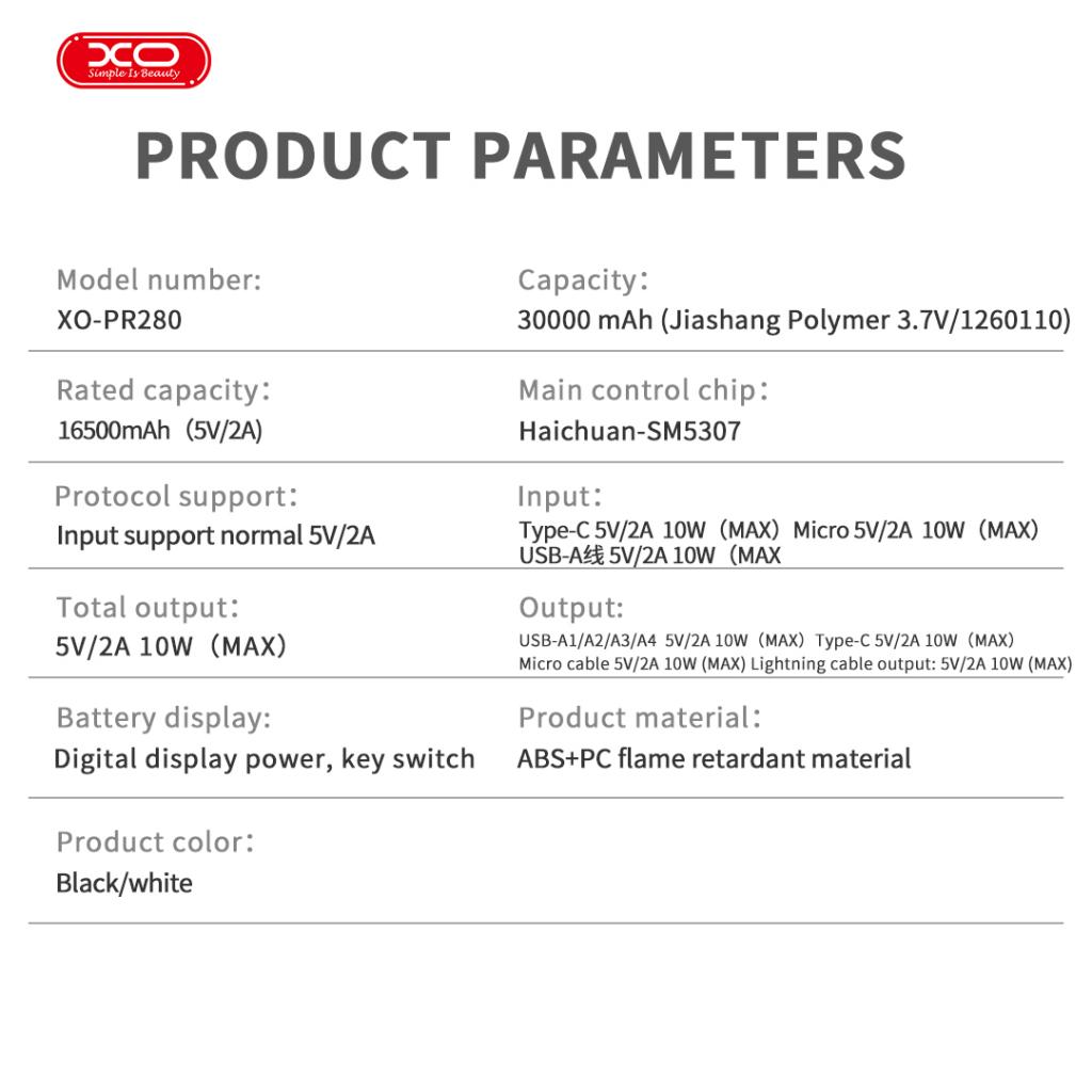 XO PR280 Powerbank με Καλώδια USB-A Type-C Micro & Lightning 30.000 mAh 8 XO PR280 Powerbank με Καλώδια USB-A Type-C Micro & Lightning 30.000 mAh - Image 8