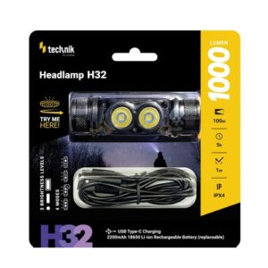 Technik Φακός Κεφαλής H32 με Μπαταρία 1x18650 OSRAM P9 & USB-C 1000lm