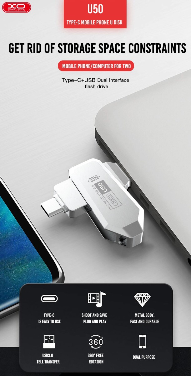 XO U50 Στικάκι & Αντάπτορας Type-C σε USB OTG USB 3.0 Έκδοση 128GB 2 XO U50 Στικάκι & Αντάπτορας Type-C σε USB OTG USB 3.0 Έκδοση 128GB - Image 2