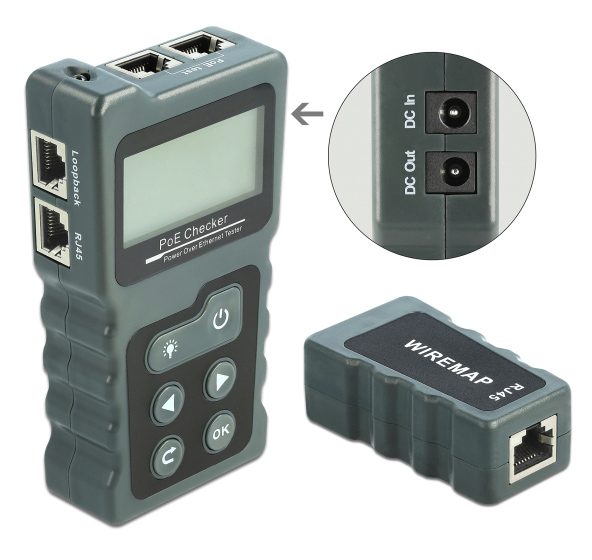 DELOCK tester καλωδίων με οθόνη 63110, RJ45, PoE, DC, γκρι 1 DELOCK tester καλωδίων με οθόνη 63110