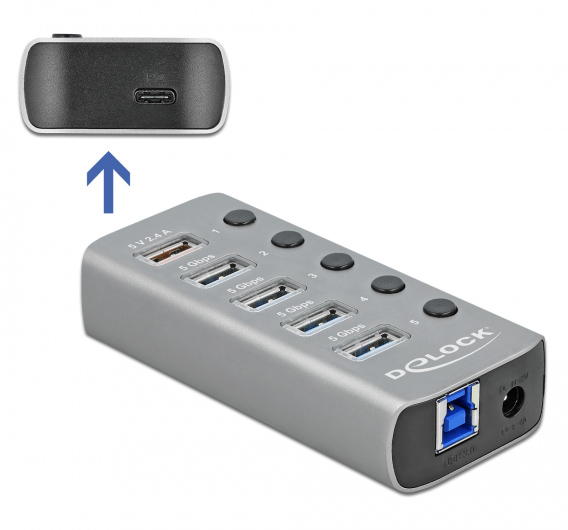 DELOCK USB hub 63263 με διακόπτες, 6x θυρών, 5Gbps, 12V/2.25A PD, γκρι 1 DELOCK USB hub 63263 με διακόπτες