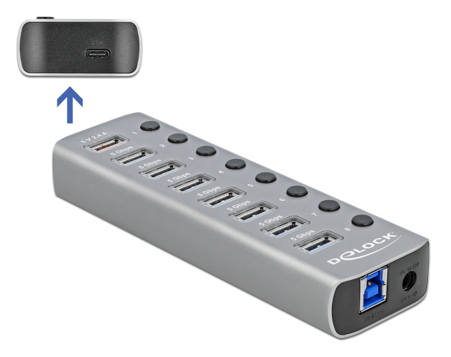DELOCK USB hub 63264 με διακόπτες, 9x θυρών, 5Gbps, 12V/2.25A PD, γκρι 1 DELOCK USB hub 63264 με διακόπτες