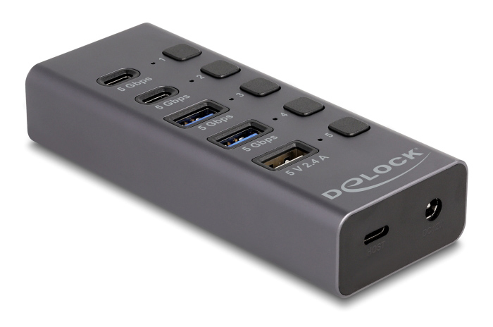 DELOCK USB hub 64248 με διακόπτες, 5x θυρών, 5Gbps, USB/USB-C σύνδεση, γκρι 1 DELOCK USB hub 64248 με διακόπτες