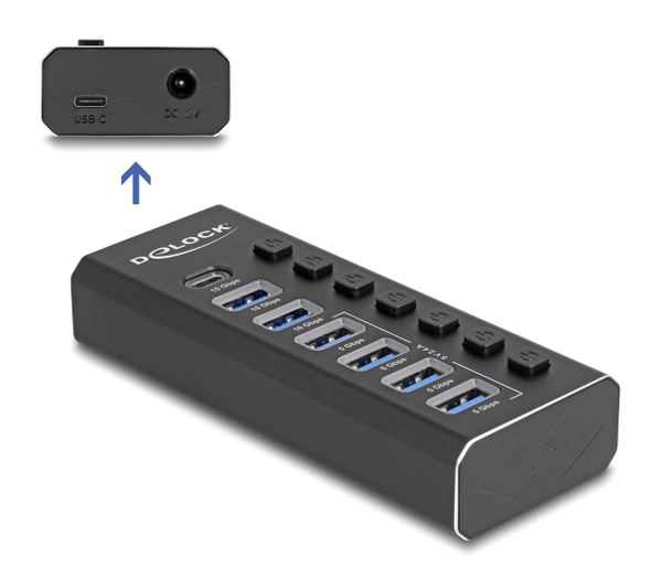 DELOCK USB hub 64326 με διακόπτες, 7x θυρών, 10Gbps, USB/USB-C σύνδεση, μαύρο 1 DELOCK USB hub 64326 με διακόπτες