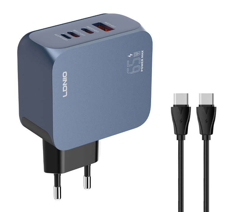 LDNIO φορτιστής τοίχου Q7 με καλώδιο USB-C, USB/Lightning/2x USB-C, GaN, 65W, μπλε 1 LDNIO φορτιστής τοίχου Q7 με καλώδιο USB-C