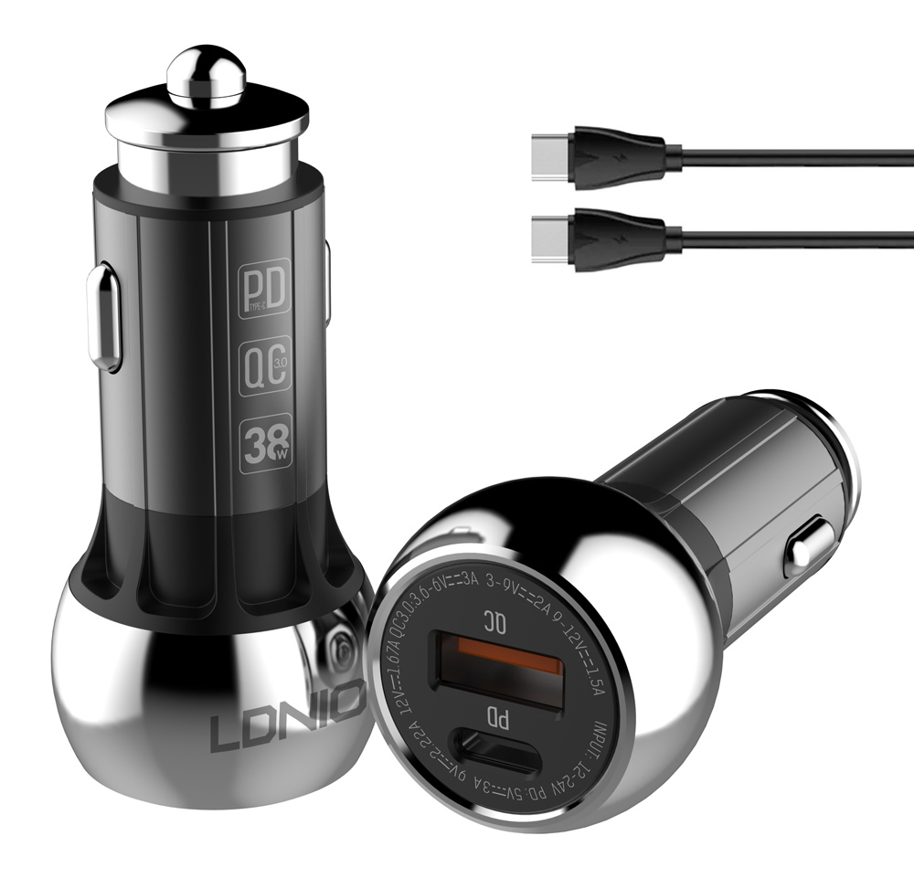 LDNIO φορτιστής αυτοκινήτου C1 με καλώδιο, USB & USB-C, 38W PD, μαύρος 1 LDNIO φορτιστής αυτοκινήτου C1 με καλώδιο