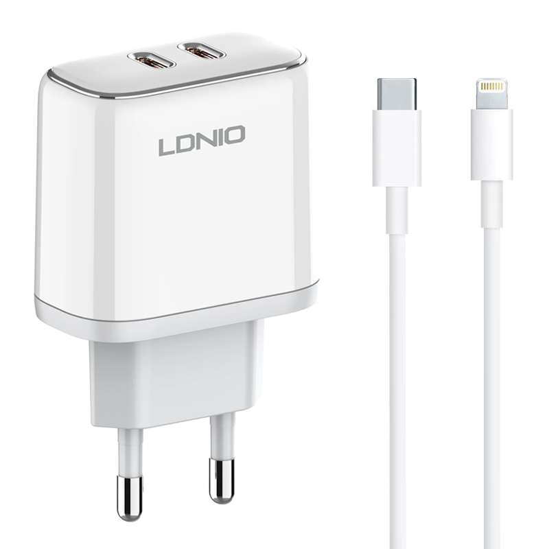 LDNIO φορτιστής τοίχου A2528M με καλώδιο, 2x USB-C, 35W, MFi, λευκό 1 LDNIO φορτιστής τοίχου A2528M με καλώδιο