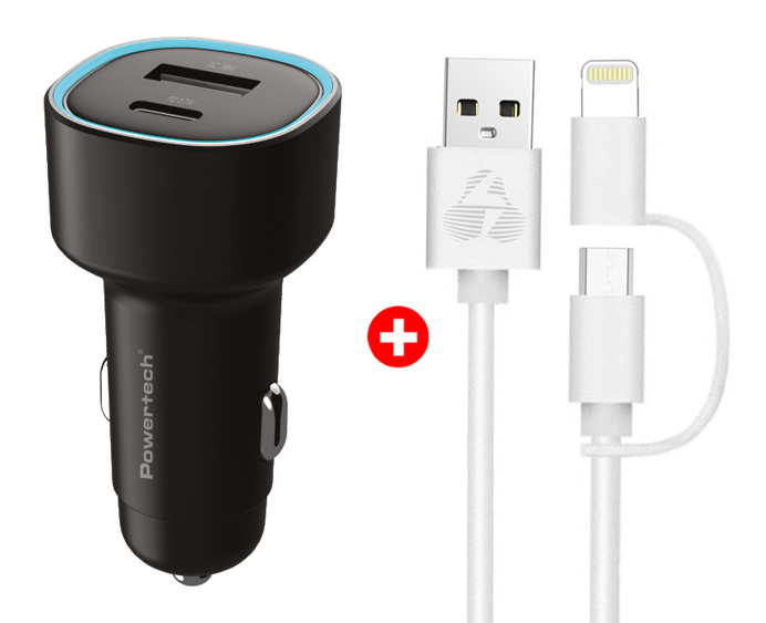 POWERTECH φορτιστής αυτοκινήτου με καλώδιο MFi USB σε micro USB/Lightning BNDL-0207, USB & USB-C, 85W, μαύρο/λευκό 1 POWERTECH φορτιστής αυτοκινήτου με καλώδιο MFi USB σε micro USB/Lightning BNDL-0207