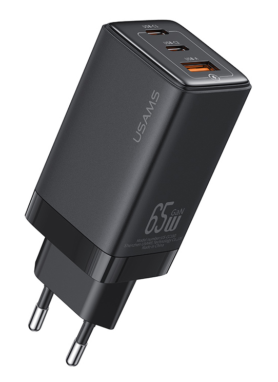 USAMS φορτιστής τοίχου US-CC180, USB & 2x USB-C, 65W PD, GaN, μαύρος 1 USAMS φορτιστής τοίχου US-CC180
