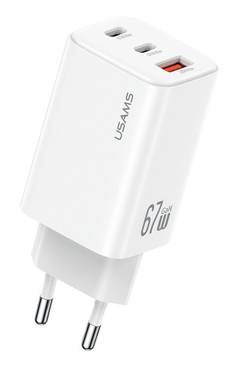 USAMS φορτιστής τοίχου CC265, USB & 2x USB-C, 67W, GaN, λευκός 1 USAMS φορτιστής τοίχου CC265