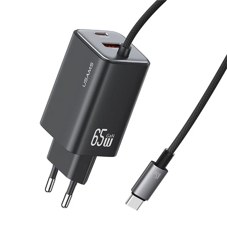 USAMS φορτιστής τοίχου CC266 με καλώδιο, USB & USB-C, 65W, GaN, μαύρος 1 USAMS φορτιστής τοίχου CC266 με καλώδιο