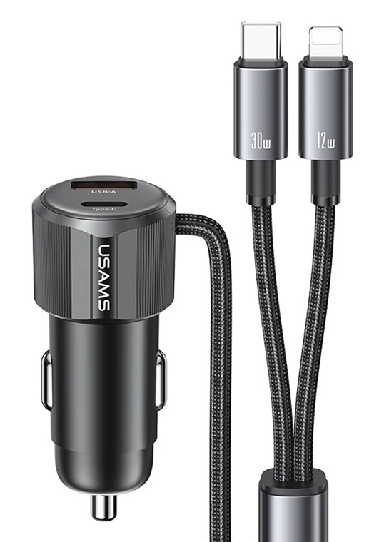 USAMS φορτιστής αυτοκινήτου CC287 με 2 σε 1 καλώδιο, USB/USB-C θύρες, 66W, μαύρος 1 USAMS φορτιστής αυτοκινήτου CC287 με 2 σε 1 καλώδιο