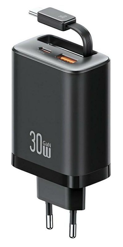 USAMS φορτιστής τοίχου CC296 με καλώδιο, USB & USB-C, 30W, μαύρος 1 USAMS φορτιστής τοίχου CC296 με καλώδιο