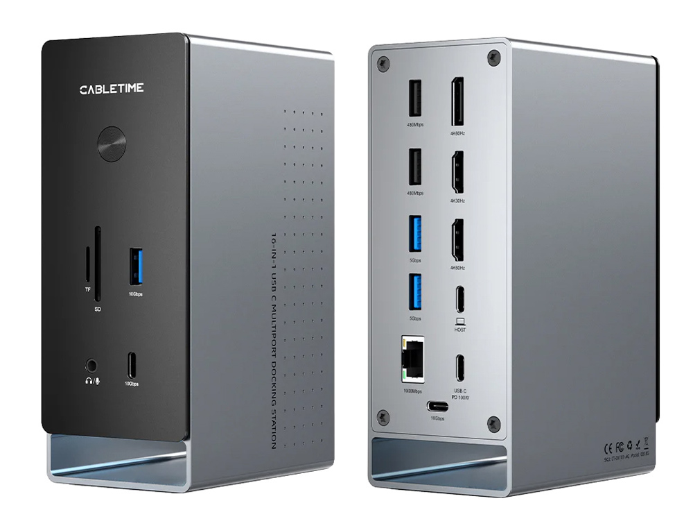 CABLETIME docking station CT-DK181-AG, 16 θυρών, USB-C σύνδεση, 100W PD, 1000Mbps, MST, γκρι 1 CABLETIME docking station CT-DK181-AG