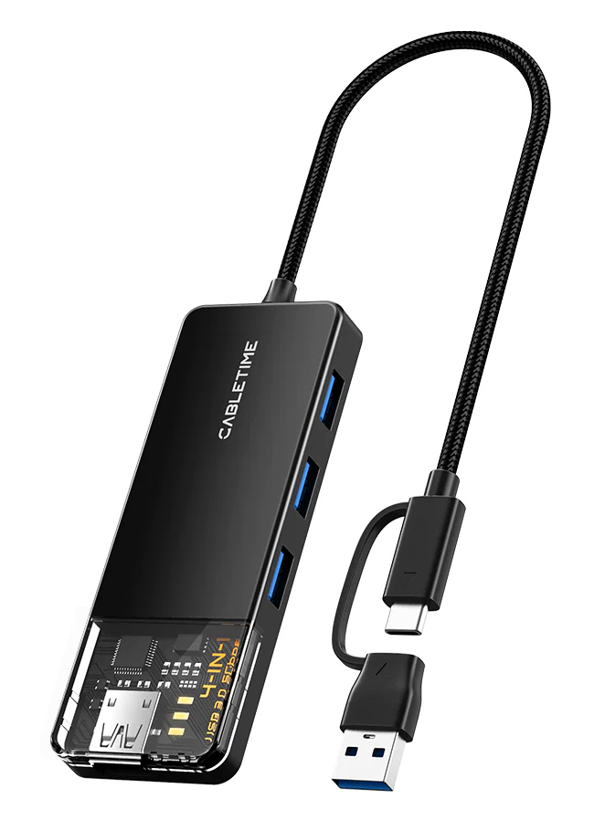 CABLETIME USB hub CT-HUBT3-PB, 4x θυρών, 5Gbps, USB/USB-C σύνδεση, μαύρο 1 CABLETIME USB hub CT-HUBT3-PB