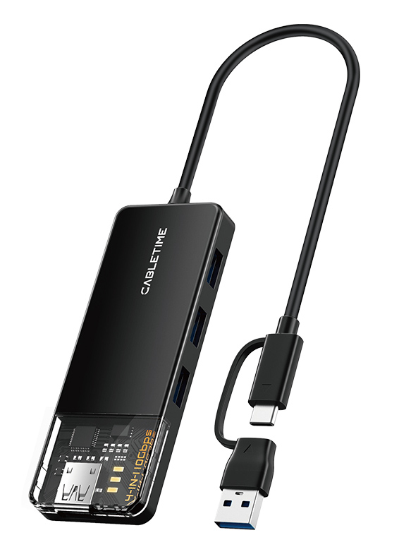 CABLETIME USB hub CT-HUBT5-PB, 4x θυρών, 10Gbps, USB/USB-C σύνδεση, μαύρο 1 CABLETIME USB hub CT-HUBT5-PB