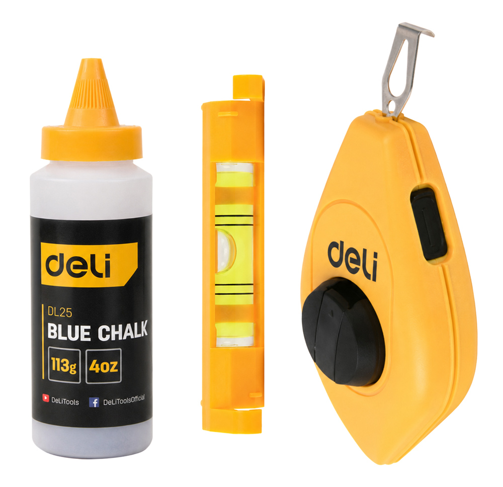 DELI σετ νήμα στάθμης DL25 με μπλε σκόνη & αλφάδι, 30m 1 DELI σετ νήμα στάθμης DL25 με μπλε σκόνη & αλφάδι