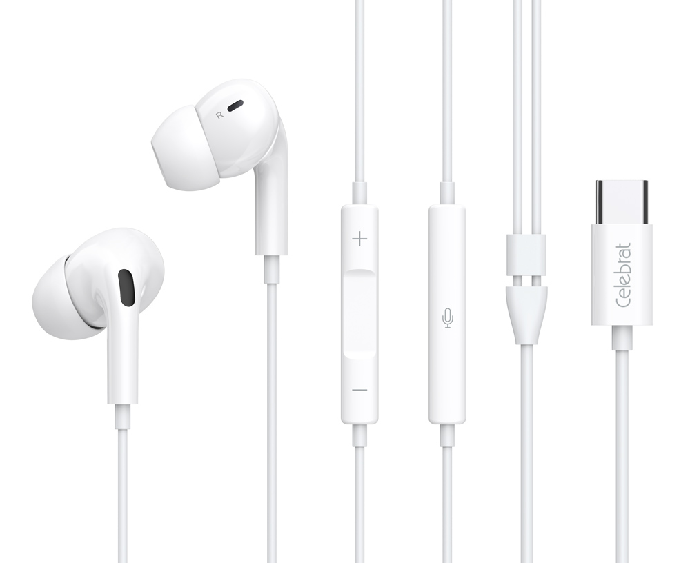 CELEBRAT earphones με μικρόφωνο E300, USB-C σύνδεση, Φ10mm, 1.2m, λευκά 1 CELEBRAT earphones με μικρόφωνο E300