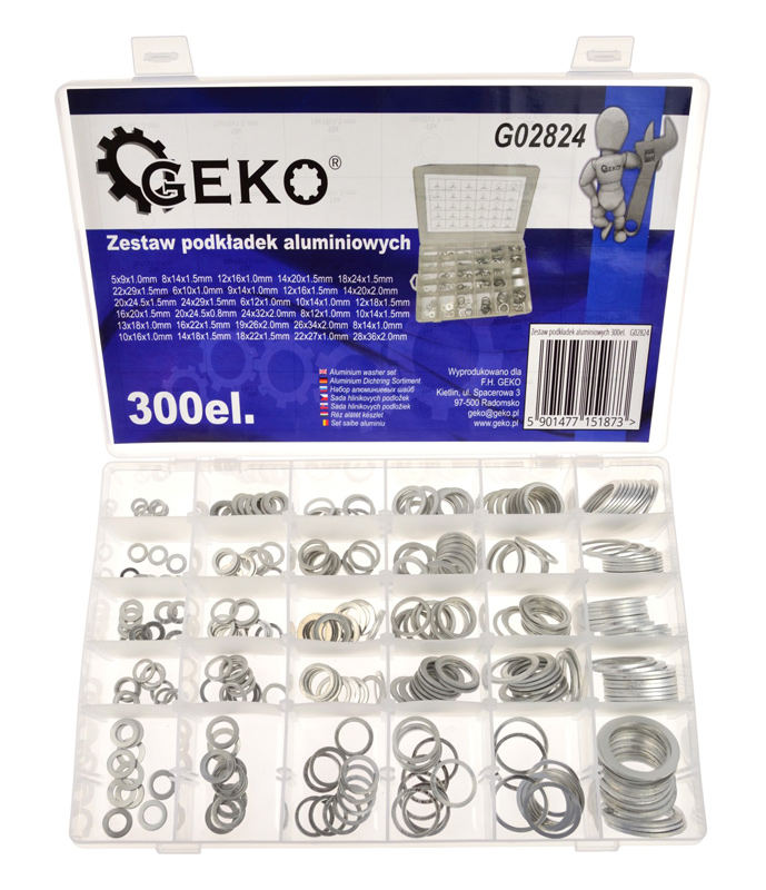 GEKO σετ αλουμινένιες ροδέλες G02824, διάφορα μεγέθη, 300τμχ 1 GEKO σετ αλουμινένιες ροδέλες G02824