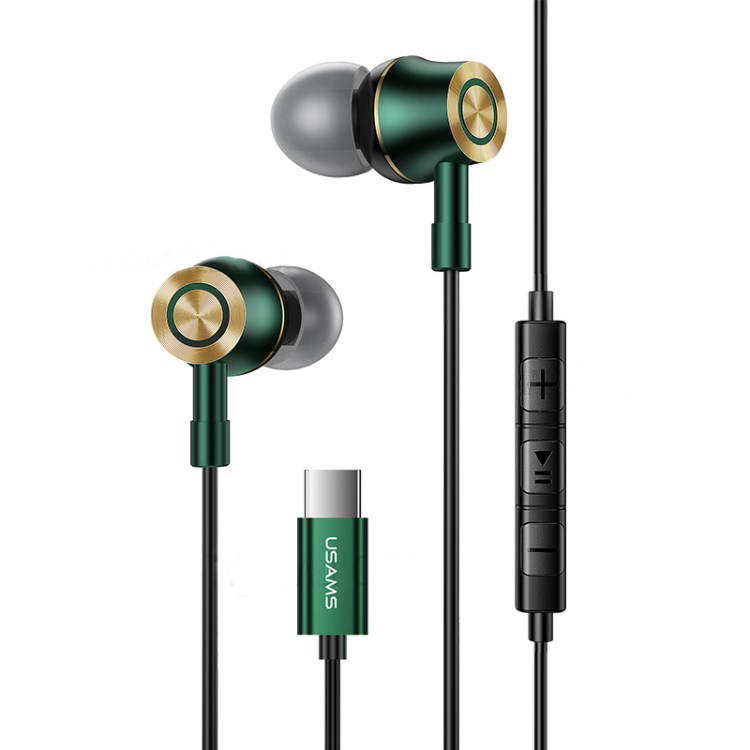 USAMS earphones με μικρόφωνο US-SJ482, USB-C, Φ10mm, 1.2m, πράσινα 1 USAMS earphones με μικρόφωνο US-SJ482