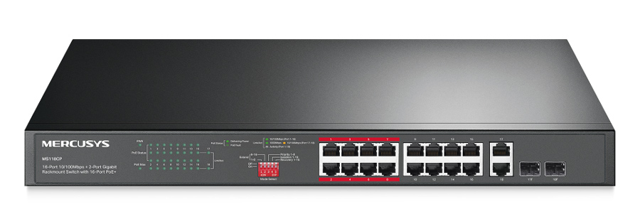 MERCUSYS rackmount switch MS118CP, 16x 10/100Mbps PoE+ & 2x Gigabit θύρες, UN/1.0 1 MERCUSYS rackmount switch MS118CP