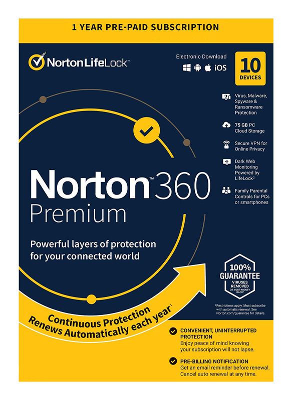 NORTON Antivirus 360 Premium ESD, 10 συσκευές, 75GB cloud, 1 έτος 1 NORTON Antivirus 360 Premium ESD