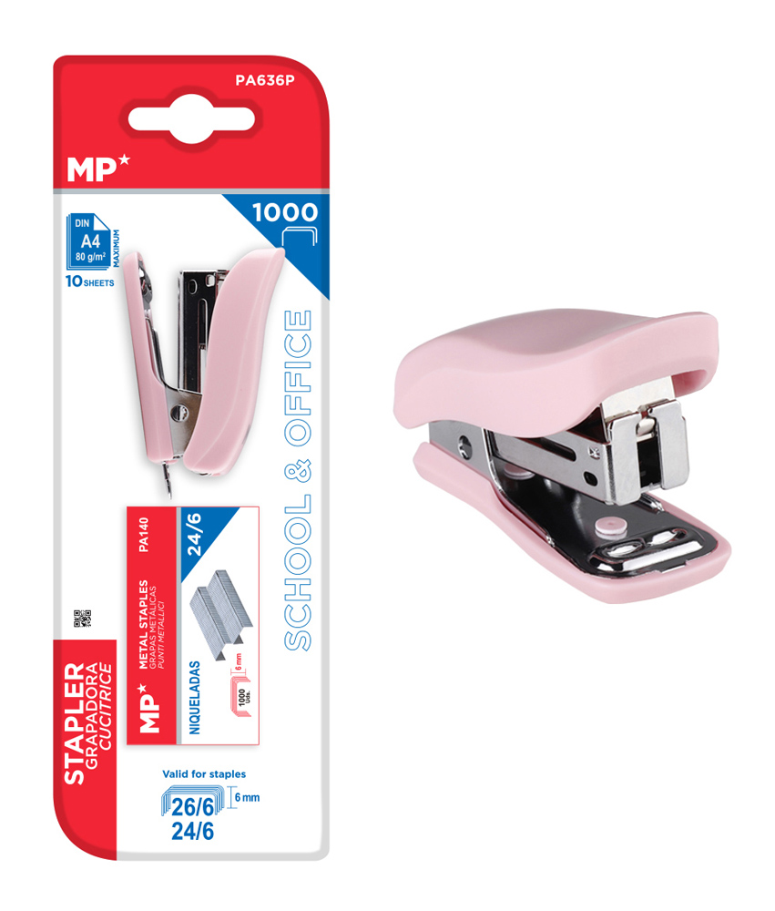 MP mini συρραπτικό PA636P με ανταλλακτικά, 24/6 - 26/6, 10 φύλλα, ροζ 1 MP mini συρραπτικό PA636P με ανταλλακτικά