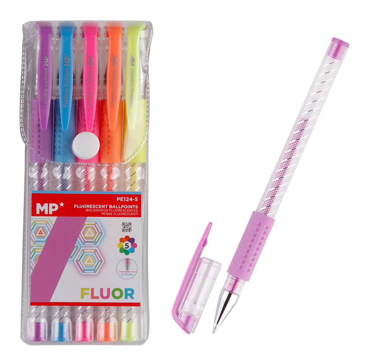 MP σετ στυλό fluorescent ballpoint PE124-5, 0.9mm, πολύχρωμα, 5τμχ 1 MP σετ στυλό fluorescent ballpoint PE124-5