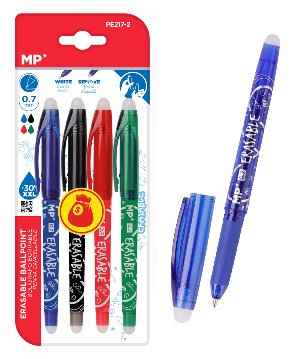 MP σετ στυλό διαρκείας PE217-2, erasable, 0.7mm, μπλε/μαύρο/πράσινο/κόκκινο, 4τμχ 1 MP σετ στυλό διαρκείας PE217-2