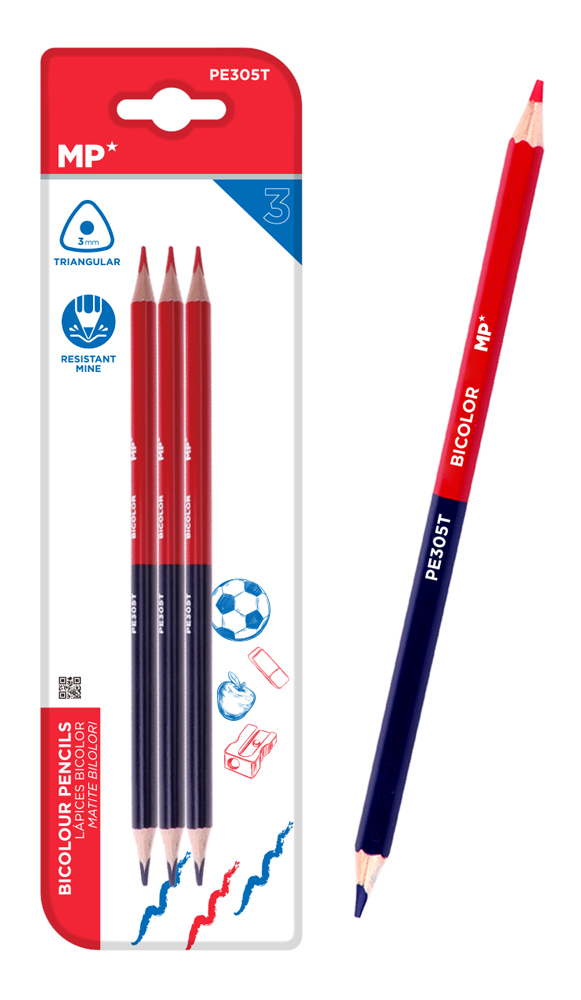 MP ξυλομπογιά με διπλή μύτη PE305T, 3mm μύτη, τρίγωνο, μπλε/κόκκινο, 3τμχ 1 MP ξυλομπογιά με διπλή μύτη PE305T