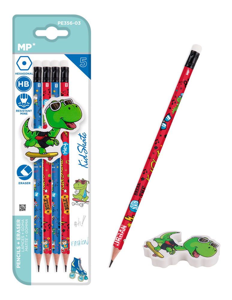 MP σετ ξύλινα μολύβια & γόμα Kid Skate PE356-03, εξάγωνα, HB, 5τμχ 1 MP σετ ξύλινα μολύβια & γόμα Kid Skate PE356-03