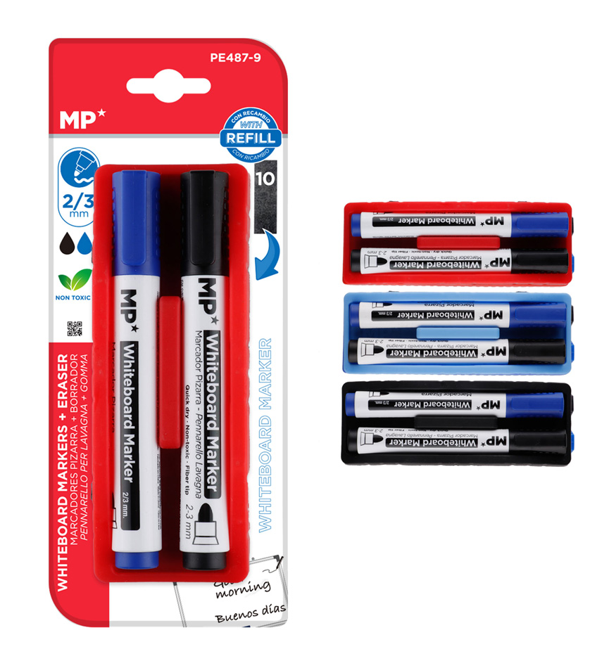 MP μαρκαδόροι & σφουγγάρι ασπροπίνακα PE487-9, 2/3mm μαύρος & μπλε, 2τμχ 1 MP μαρκαδόροι & σφουγγάρι ασπροπίνακα PE487-9